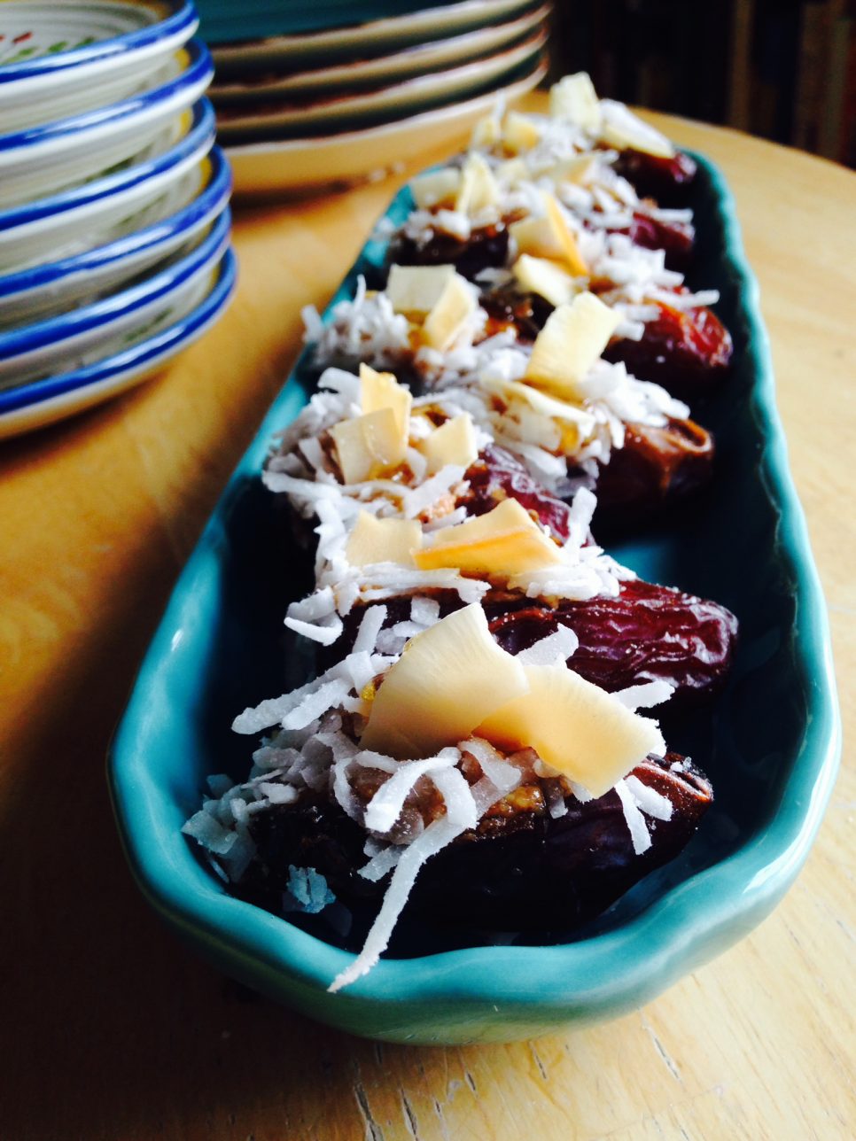 Almond Butter and Coconut Stuffed Dates with Orange Blossom Water and Honey