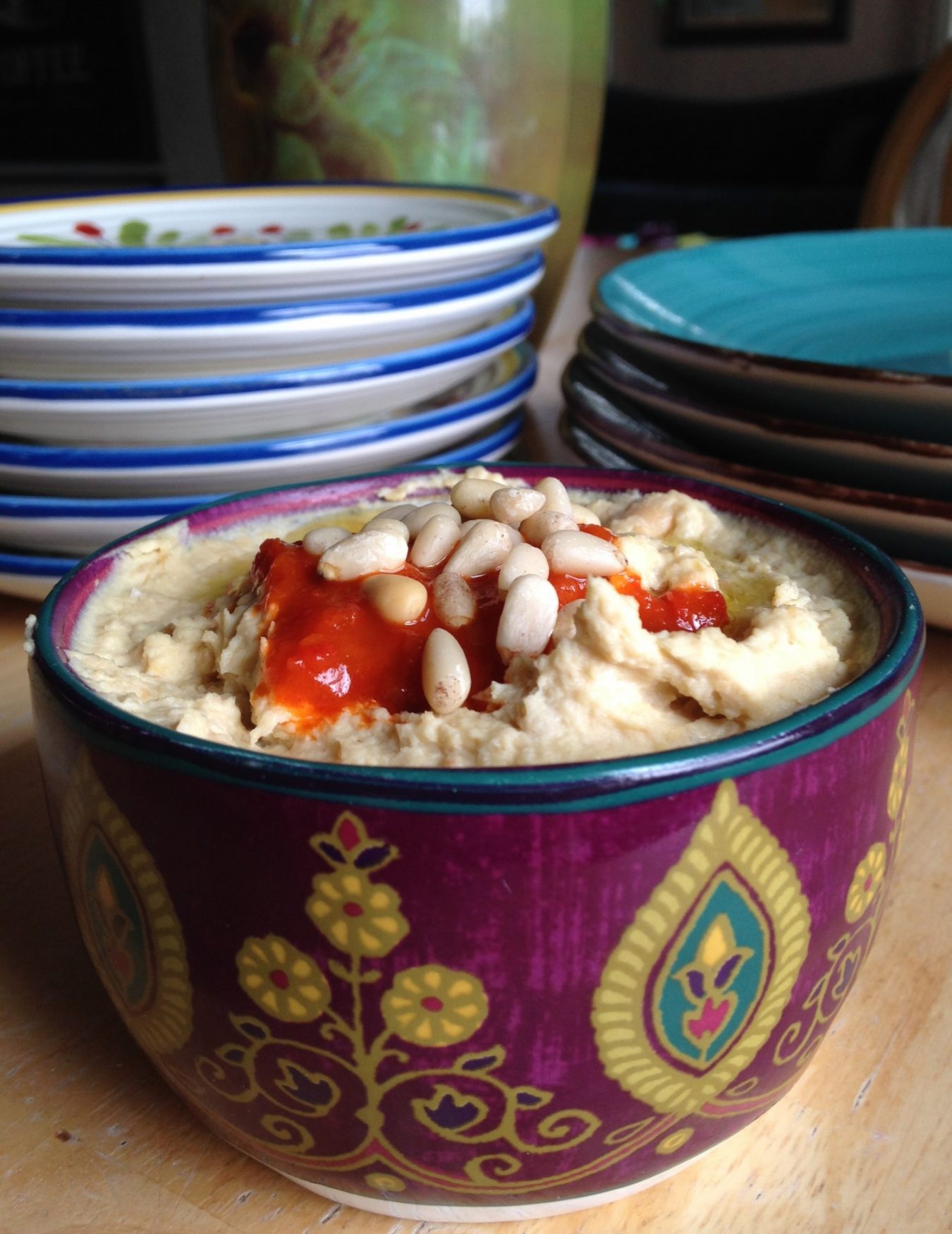 Hummus Dip with Pine Nuts and Red Pepper Recipe. Bohemian Cottage