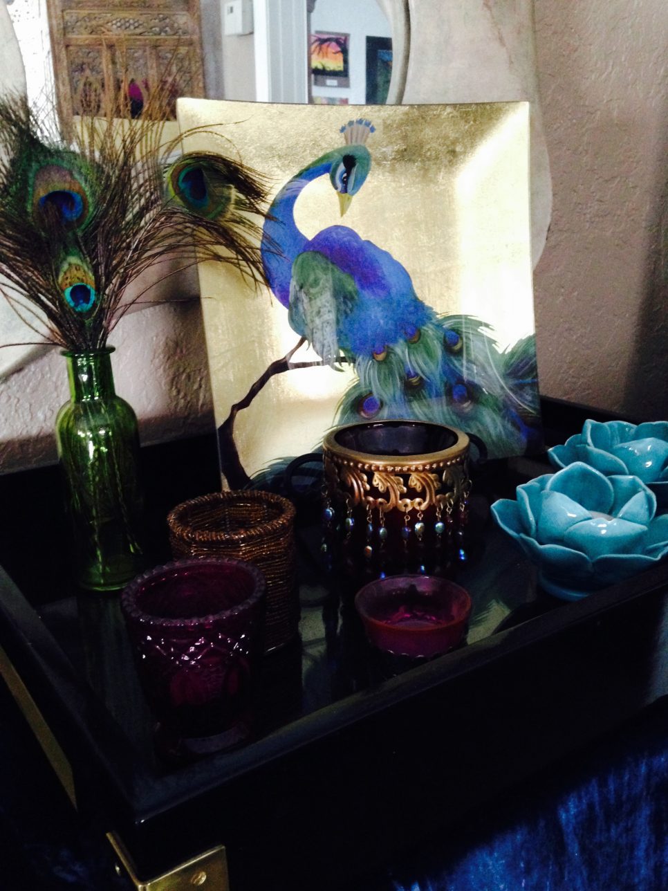 Bohemian peacock vignette display.