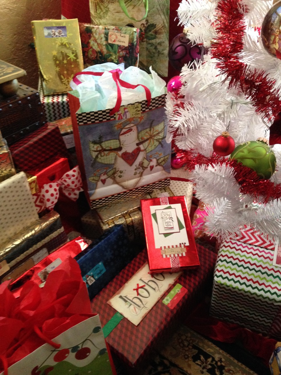 Gift Wrapping with recycled Christmas cards.